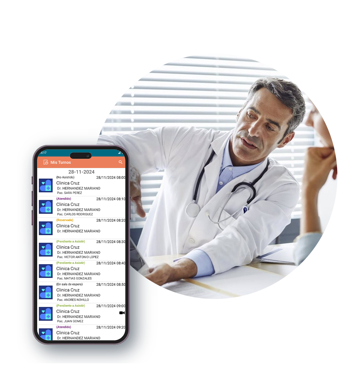 Software de gestión administrativa con agenda a la vista con posibilidad de filtrar por profesional, especialidad y tipo de turno. 
